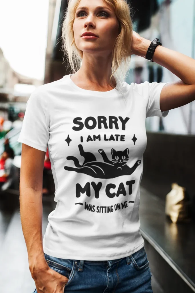 model wearing white t-shirt with black cat fun design