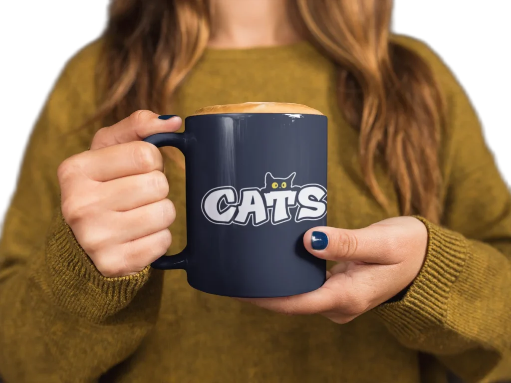 model holding white ceramic mug with void cat design