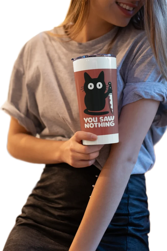 model holding void cat water bottle with red background